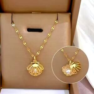 Dainty Gold Tone Clamshell & Pearl Necklace Women's Valentine's Birthday Gift